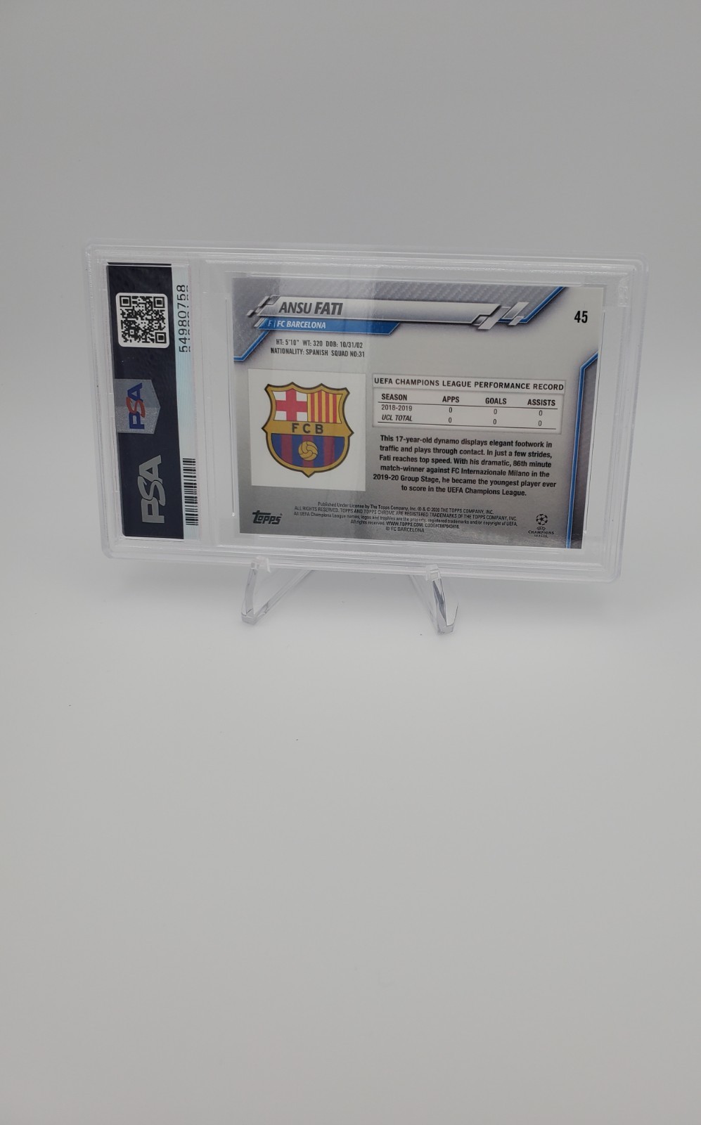 Ansu Fati 2019 2020 Topps Chrome Sapphire UEFA CL Soccer Rookie RC #45 PSA 9 view 2
