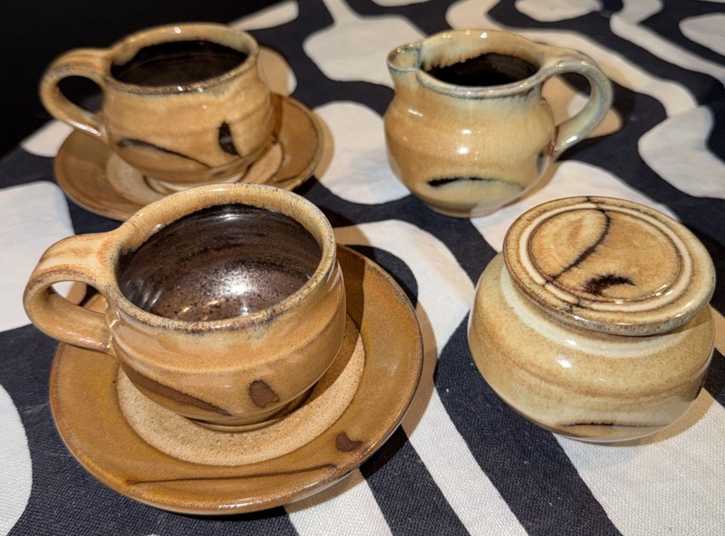 Handmade Espresso  Set-2 Art Pottery Cups & Saucers, Creamer & Sugar With Lid