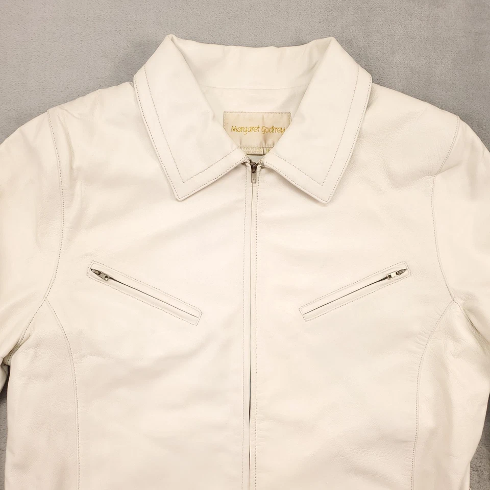 Margaret Godfrey Jacket Womens 16 White Leather Belted Zip Pockets Lined Moto - Image 2 of 4
