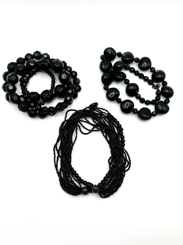 Vintage Black Acrylic Necklace Trio – Faceted, Seed & Pebble Bead Set