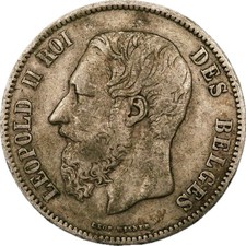 1869 Belgium 5 Five Francs World SILVER Coin King Leopold II - B09