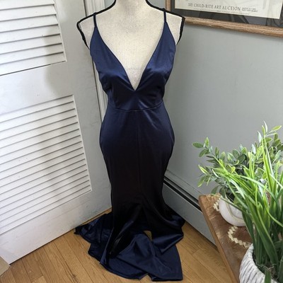 Windsor Dress Womens Large Blue Satin Gown Mermaid Plunging V-Neck Y2K Glam