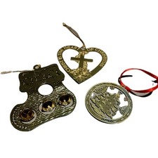 3 Gold Christmas Ornament Lot Stocking with bells Christ is the heart Tree