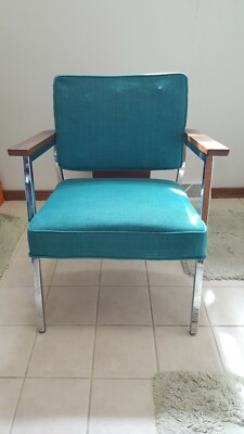 Vintage Steelcase Office Tanker Arm Chair turquoise and chrome