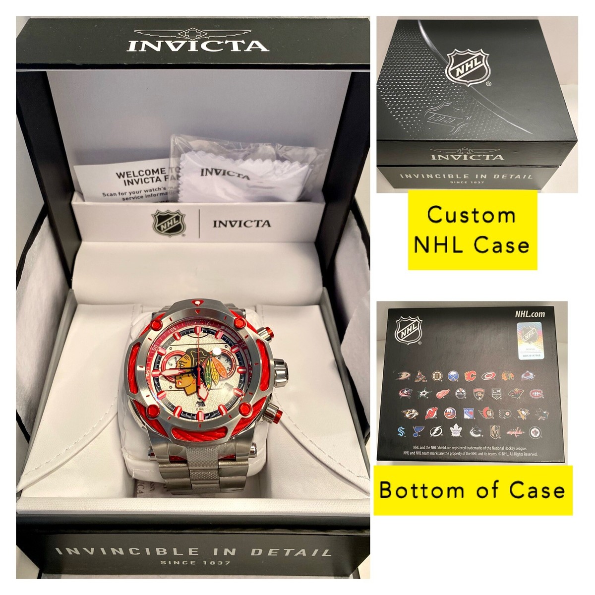 60mm NHL-BLACKHAWKS Silvertone Bracelet| Swiss Chrono| BOLT