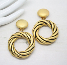 Statement Large Vintage 1980s Gold Hoop Drop Clip On EARRINGS Jewellery