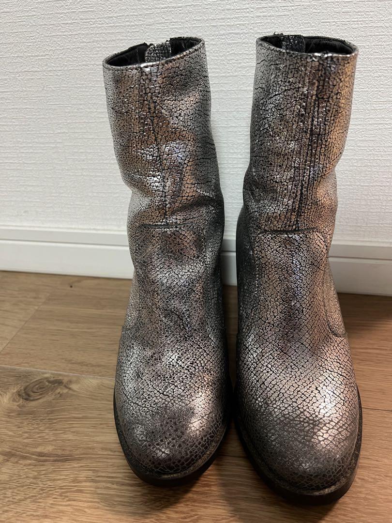 Diesel Women 6.5US Silver Cracked Boots 24Cm Heel 7.5cm Elegant 