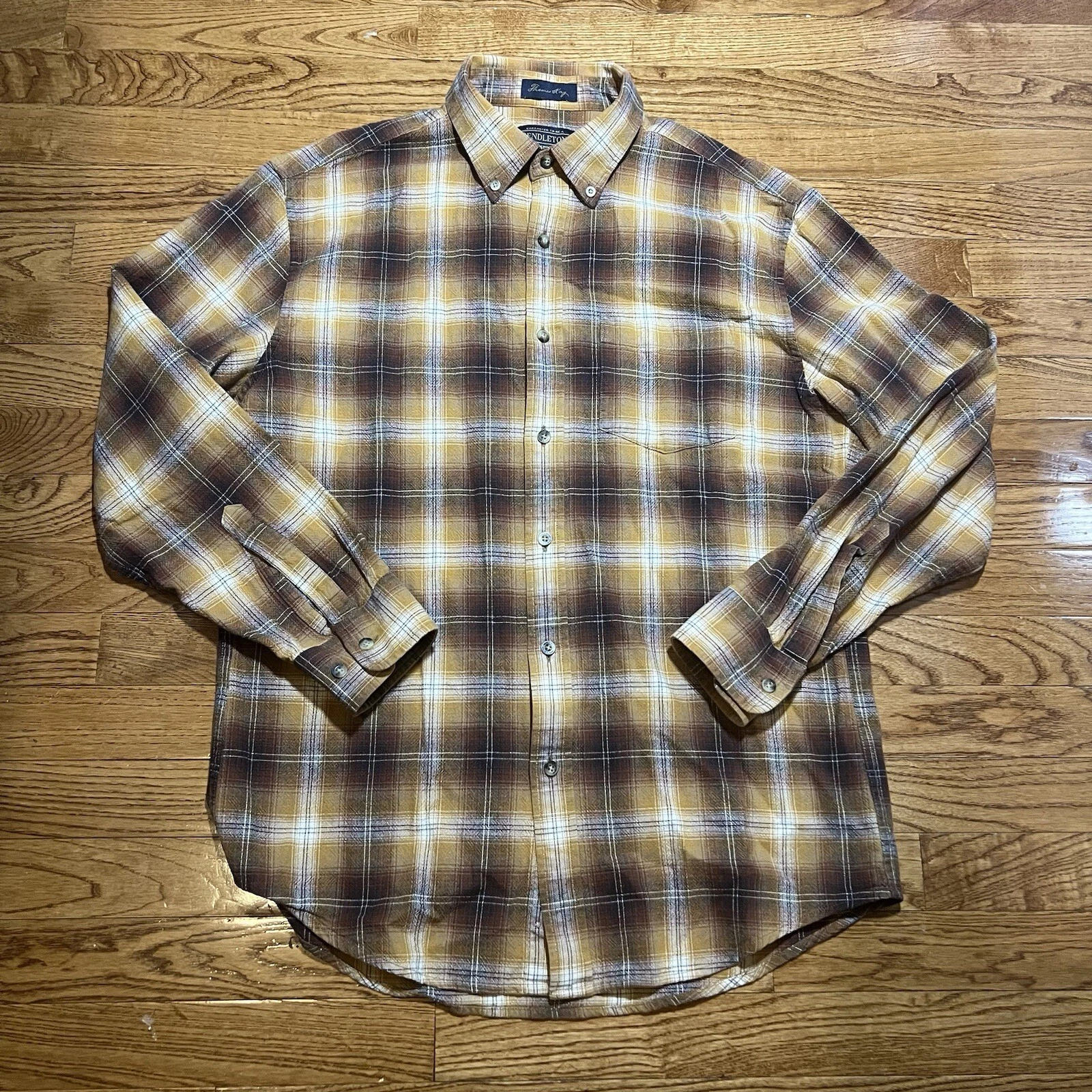 Pendleton Flannel Shirt Mens Medium Thomas Kay Brown Plaid Button Down Outdoor