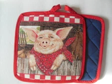 1 Handcrafted Potholder - WHIMSICAL PIG with Red Bandana, 8"x8"