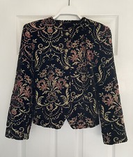 Vintage Black Velvet Red Gold Brocade Lurex Collarless Jacket Blazer 10