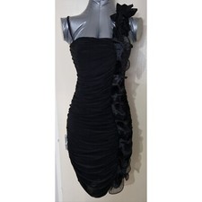 Ruched Black Mini Dress With Rose And Tulle Details - Size S