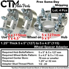 4x 1.25"  5x5(5x127) to 5x4.5(5x115) Wheel Spacer Adapter 1/2-20 Stud Jeep More
