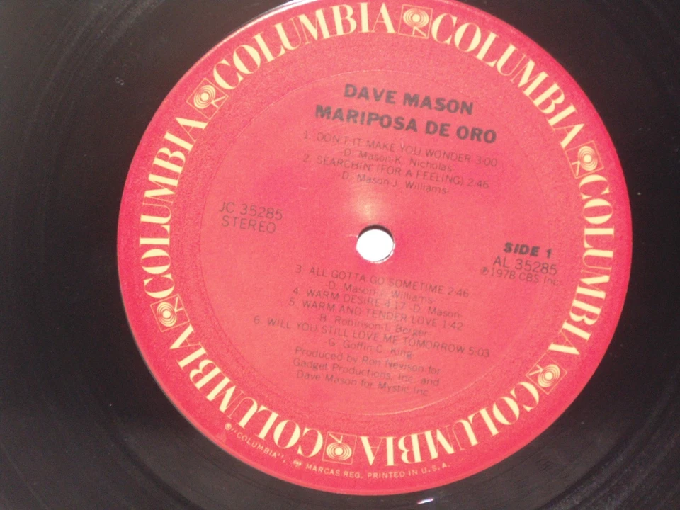 DAVE MASON Mariposa de Oro LP Plays Well 1978 Columbia Vinyl JC35285 Traffic Foto 2 de 4