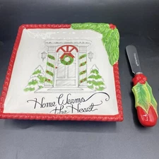 Fitz And Floyd Christmas Home Warms the Heart Holly Snack Plate With Spreader