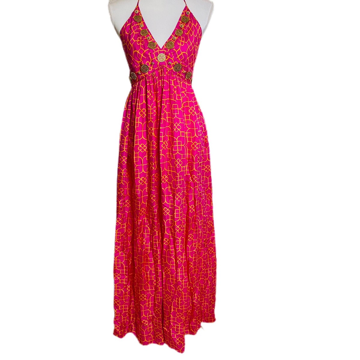 Vintage MILLY NY Silk Size 2 Pink Orange Halter Maxi Dress Gold Tone Buttons | eBay Vintage MILLY NY Silk Size 2 Pink Orange Halter Maxi Dress Gold Tone Buttons | eBay