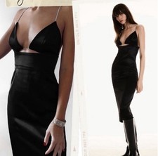 ZARA Black Satin Midi Dress Rhinestone Straps Cutout NWT Size L