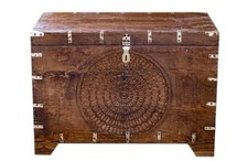 Antique Indian Bridal Trunk Coffee Table with Storage Carved Lotus & Brass 36x25