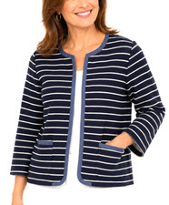 Talbots Blue Striped Blazer Sz 12 Cotton Chambray Trim Nautical Coastal Preppy