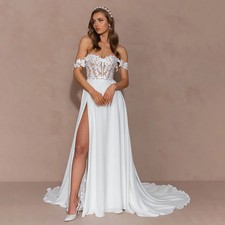 Off Shoulder Wedding Dress A-line Lace Sweetheart Backless High Slit Bride Gown
