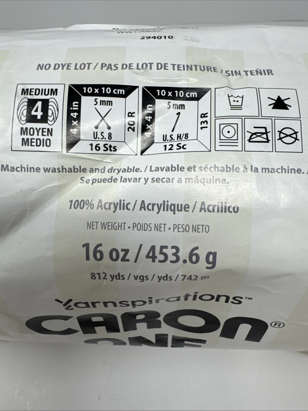 Yarnspirations Caron One Pound Yarn 100% Acrylic Col 10514 Off White 812 Yds New - product detail image 2