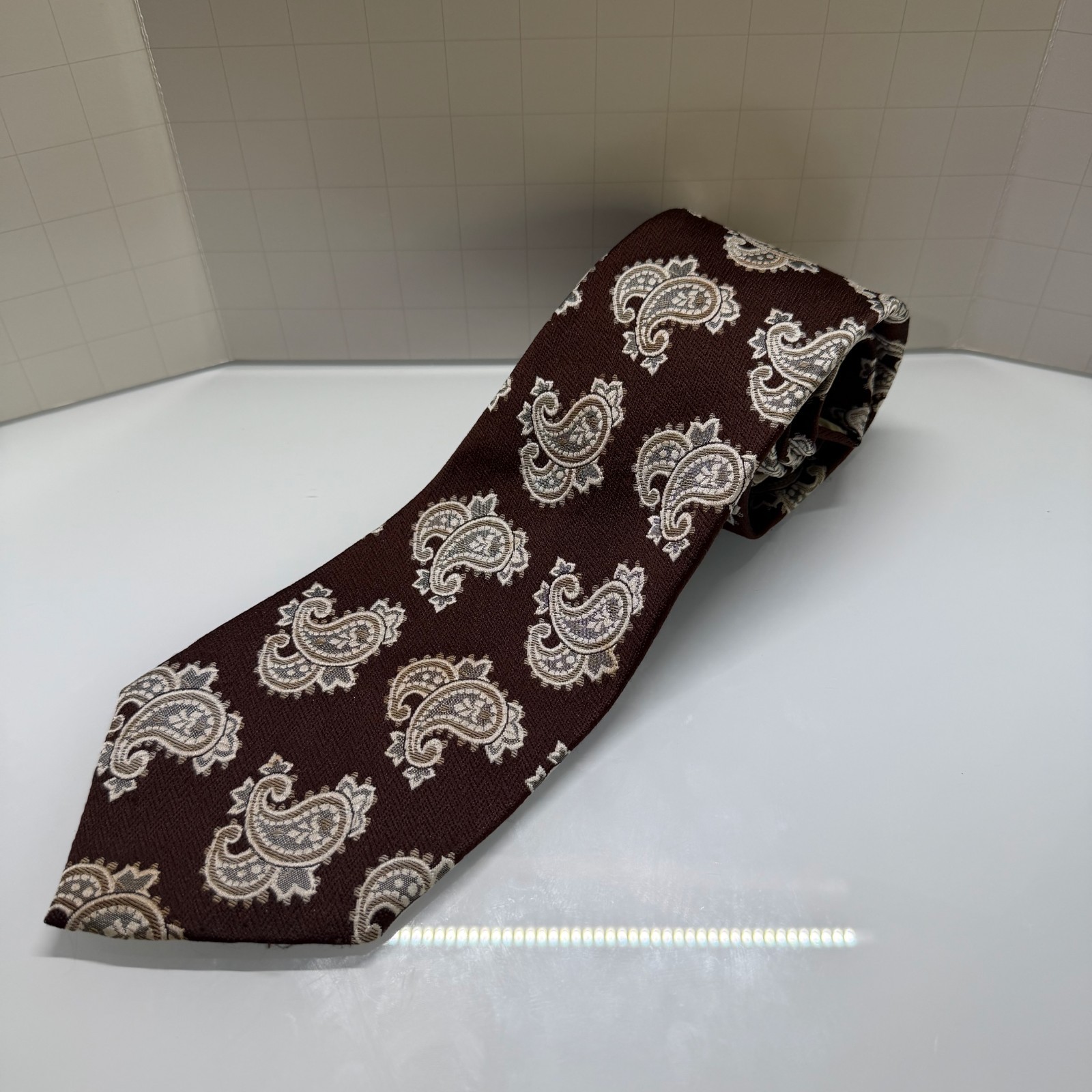 Vintage Yves Saint Laurent Mens Tie Brown Tan Gray Paisley Woven Necktie YSL