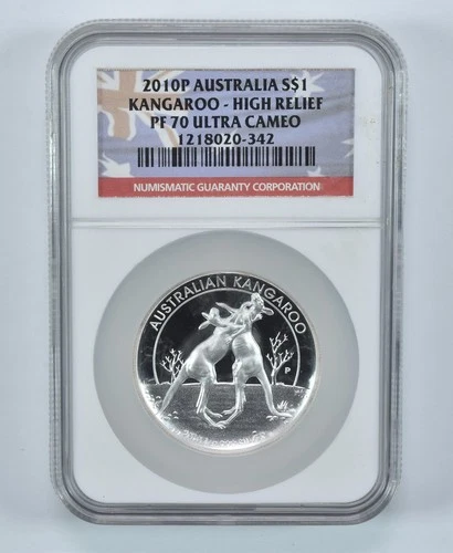 2010 P Australia Silver Dollar Kangaroo High Relief PF70 UCAM NGC Flag Lbl *0755