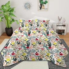 Floral 3 Pieces Microfiber Quilt Bedding Set Botanical Coverlets for All Season