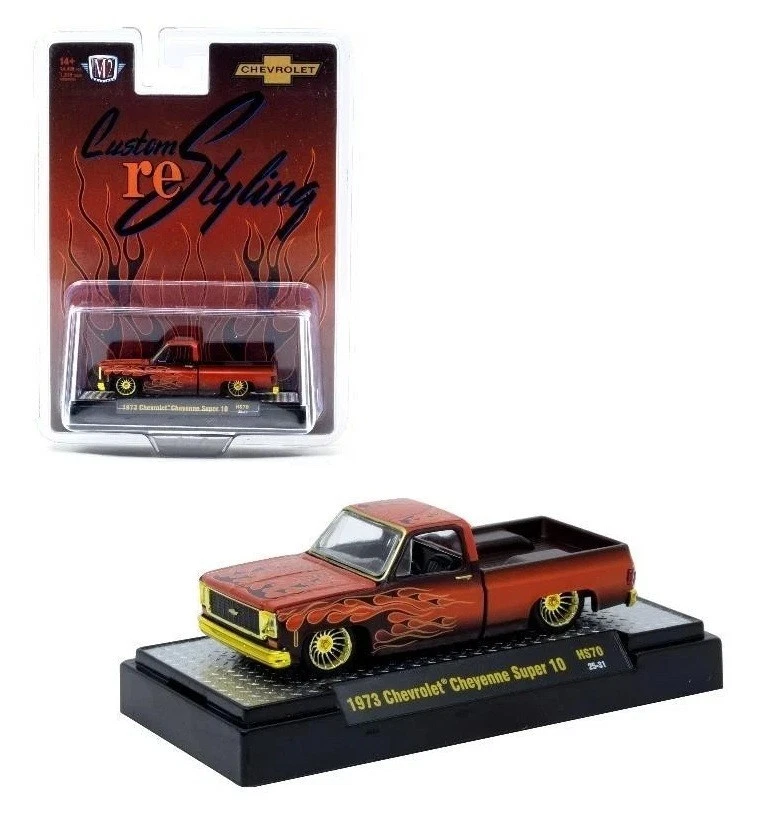 chase! M2 1:64 1973 Chevrolet Cheyenne Super 10 Custom Re Styling braun mit Flamme