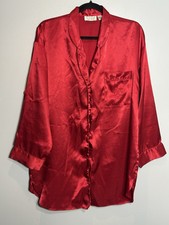 Vintage Victoria's Secret Red Satin Button-Up Sleep Shirt Medium Long Sleeve