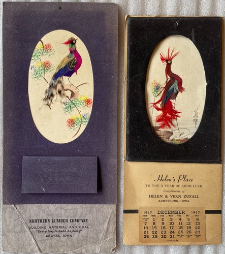 2 Calendars - Velvet w. Feather Birds 1946 & 1947 Gruver & Armstrong IA