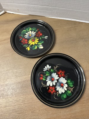 Toleware Hand Painted 7  Plates Yeha 83 Kon Russian Set of 2 Vintage Flower