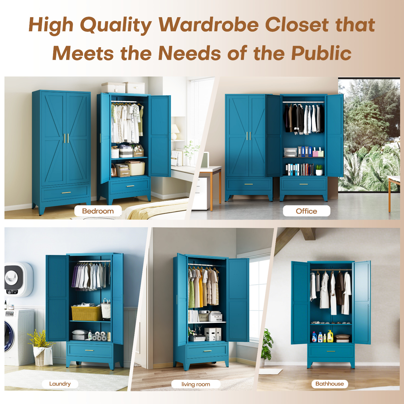 Metal armoire Wardrobe Closet with Hanging Rod,71'' Metal Wardrobe Cabinet