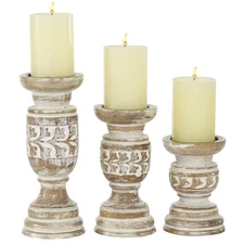 Wood Handmade Candle Holder with Carved Designs, Set of 3 6", 8", 10"H, Beige