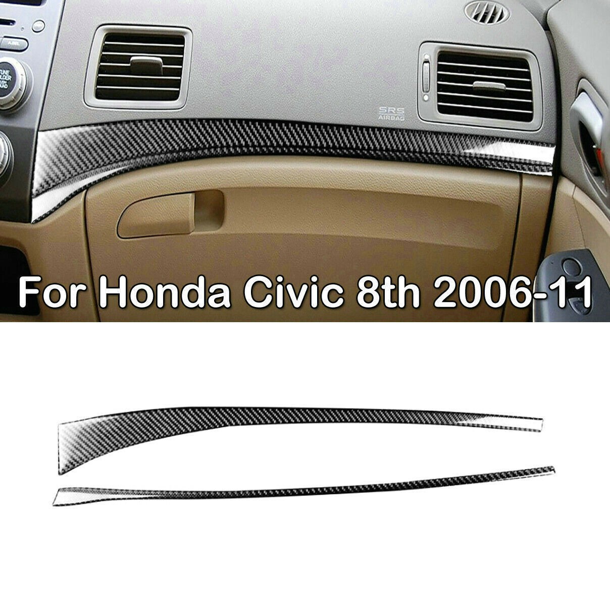 2x For Honda Civic 8th 2006-2011 Carbon Fiber Copilot Dashboard Panel Trim Cover