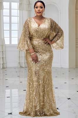 Plus Size Formal Gold Wrap Neck Flare 3/4Sleeve Bodycon Elegant Maxi Dresses hot