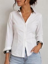 Burberry White Long-Sleeve Shirt with Check Collar Accent 30  ptp