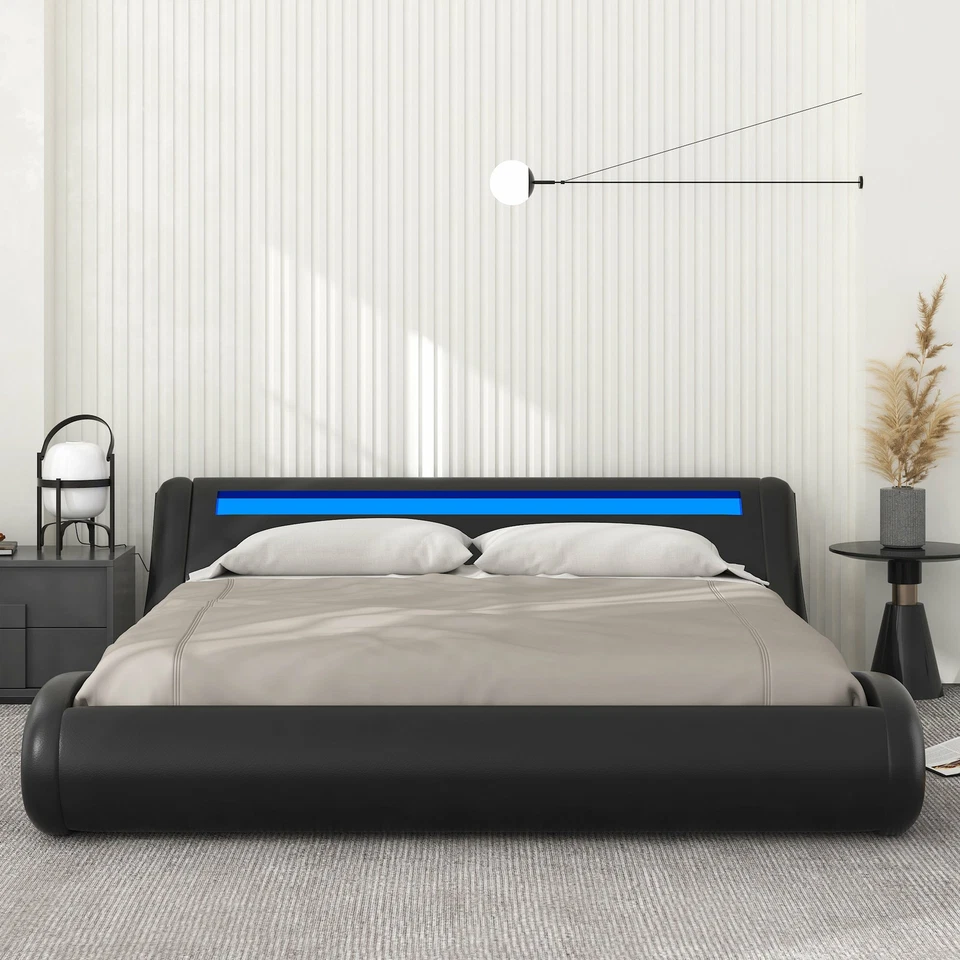 Sifurni Queen Size Modern Platform Bed Frame with LED Lights Headboard, Black - Image 2 of 4