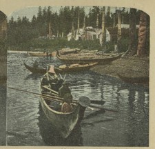 PEOPLE IN A CANOE ON WATER COLOR VINT STEREOVIEW