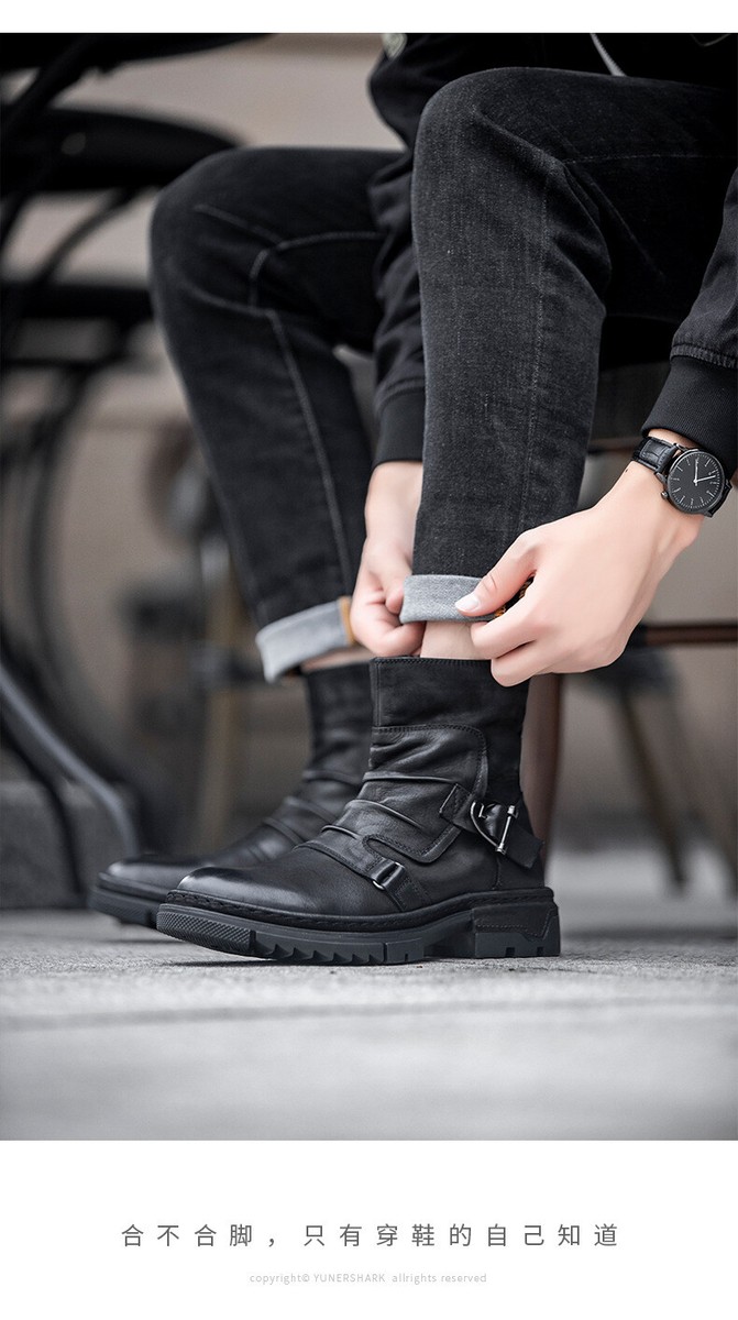 Retro American Style Mens Buckle Motorcycle Real Leather Ankle