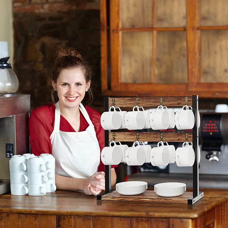 Vintage Wood Coffee Mug Holder Stand 2 Tier Countertop Mug Tree Holder Rack Base - Image 3 of 4