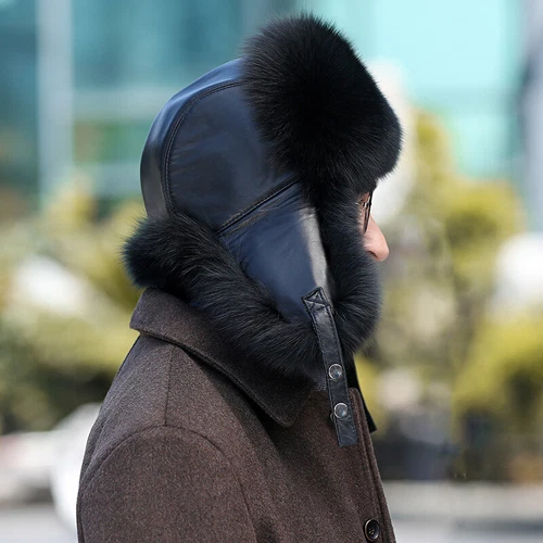 Men's Real Fox Fur Hat Russian Trapper Hat Ushanka Cossack Real Leather Ski Cap - Picture 4 of 11