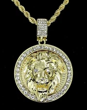 Mighty Lion Mens Iced Cz Round Pendant 24" Chain 14k Gold Plated Hip Hop Jewelry