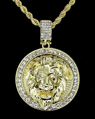 Mighty Lion Mens Iced Cz Round Pendant 24'' Chain 14k Gold Plated Hip Hop Jewelry