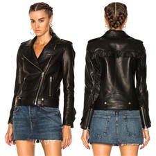Iro Dumont Motorcycle Biker Black Leather Jacket With Ruffle Detail Back