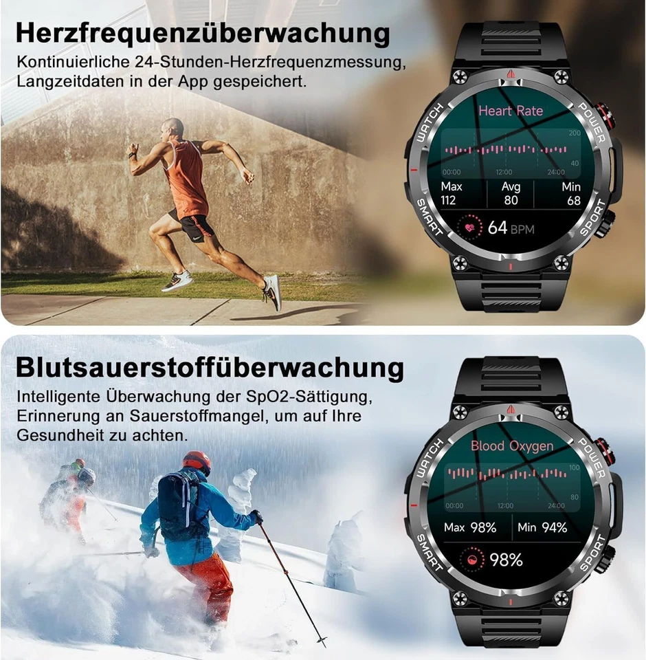Smartwatch Herren Militär mit Telefonfunktion 5ATM Wasserdicht mit Schlafmonitor - Bild 4 von 4