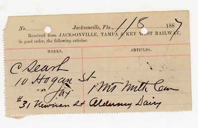 1887 Jacksonville Tampa & Key West Railway Freight Receipt for Milk Can Florida