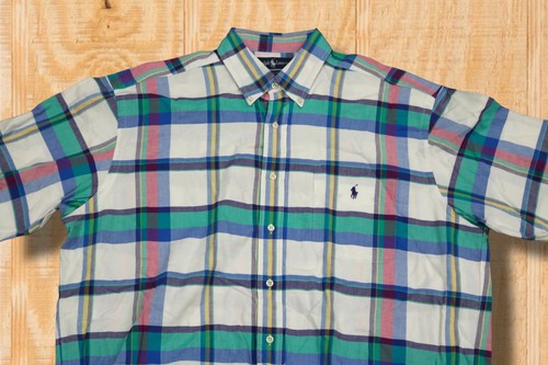 VINTAGE POLO RALPH LAUREN LARGE PLAID COTTON BLAIRE SPORT CAMP SHIRT GREEN BLUE - Picture 3 of 9