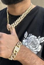 18mm Miami Cuban Link Necklace 14k Gold Solid St Steel 22" Chain 8" Bracelet Set