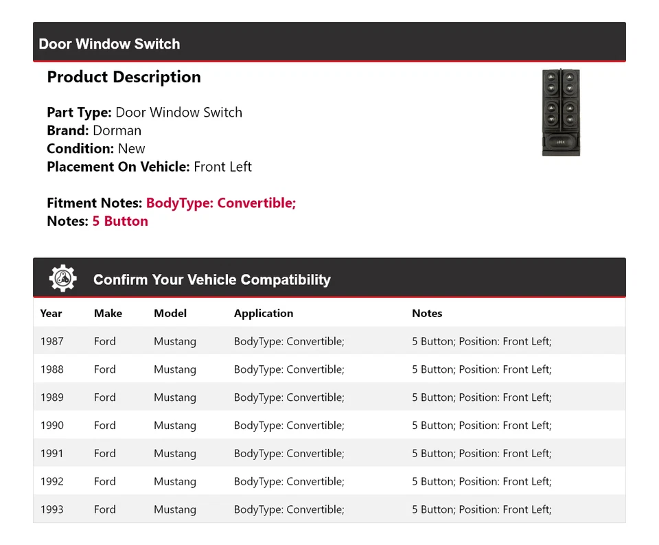 For 1987-1993 Ford Mustang Convertible Dorman Door Window Switch Front Left 1988 - Image 2 of 4