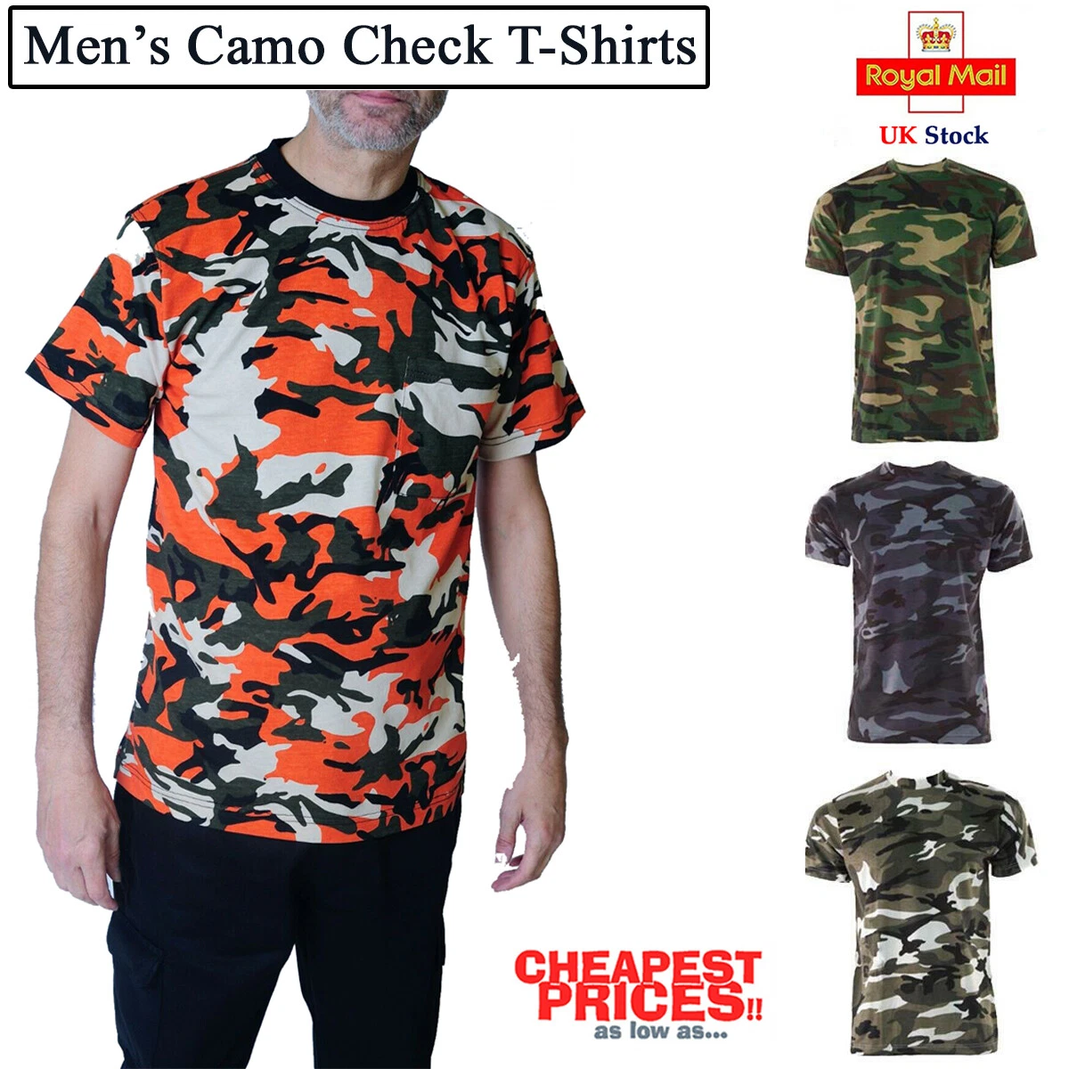 Men's Camo Check T Shirt Camouflage Top Army / Military / Hunting / Fishing  UK